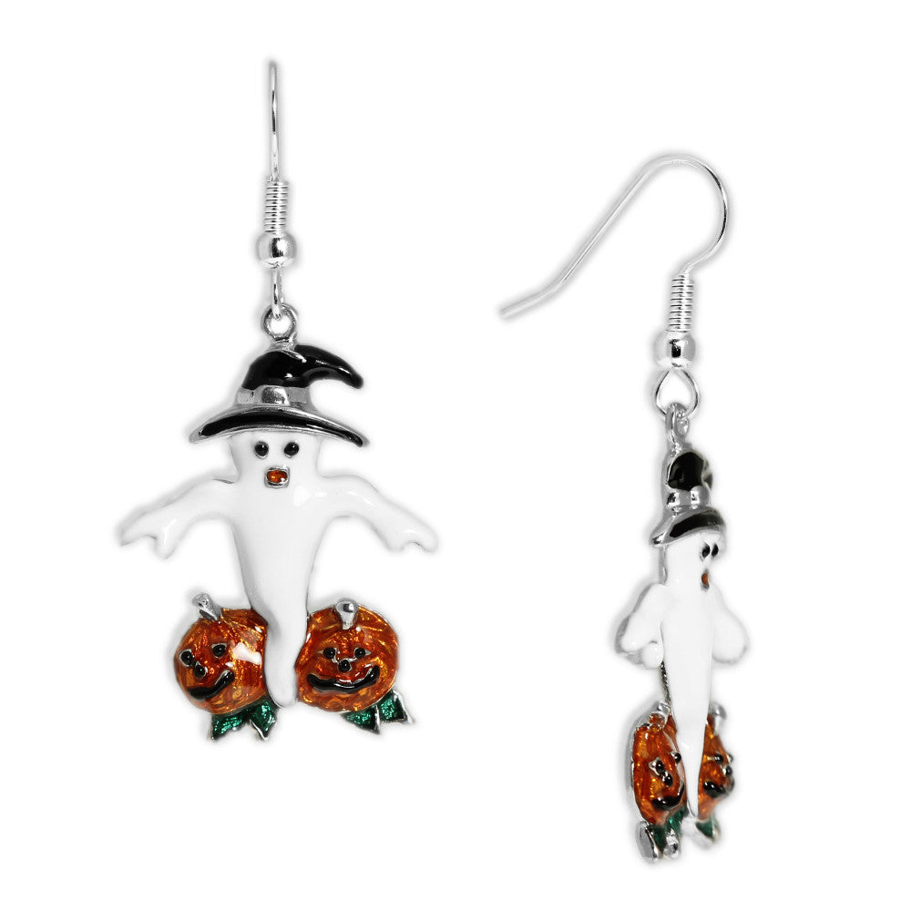 White Ghost in Pumpkin Patch Earrings in Silver Tone, Celebrate Halloween, Autumn, Harvest