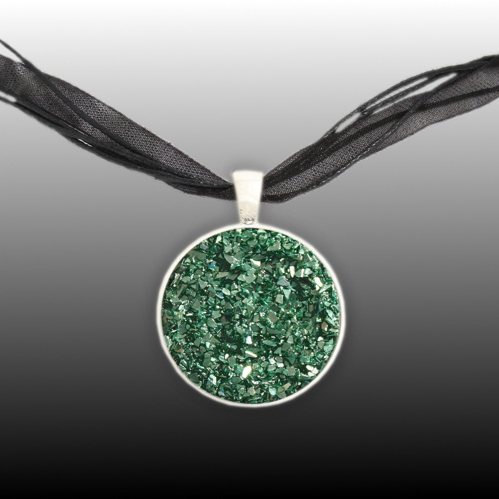 Glitzy Simulated Druzy Sage Green Shard Glitter 1" Pendant Necklace in Silver Tone