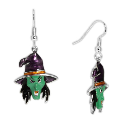 Cacklin' Witch Hazel Green Witch Earrings in Silver Tone, Celebrate Halloween, Autumn, Harvest