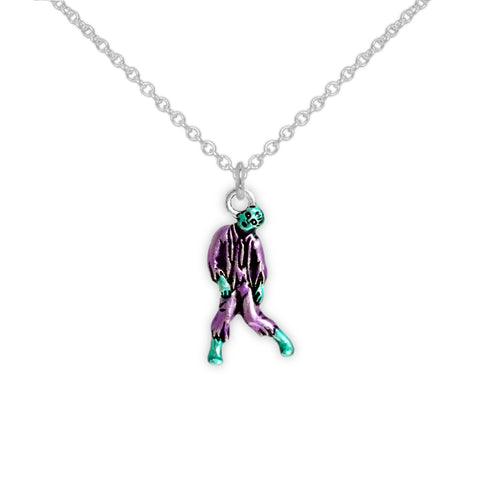 Ghoulish Green & Purple Zombie Petite Drop Pendant Necklace in Silver Tone
