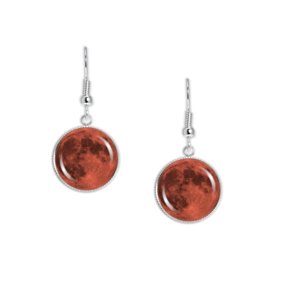 The Orange Harvest Moon of Earth Solar System Dangle Earrings w/ 3/4" Charms in Silver Tone