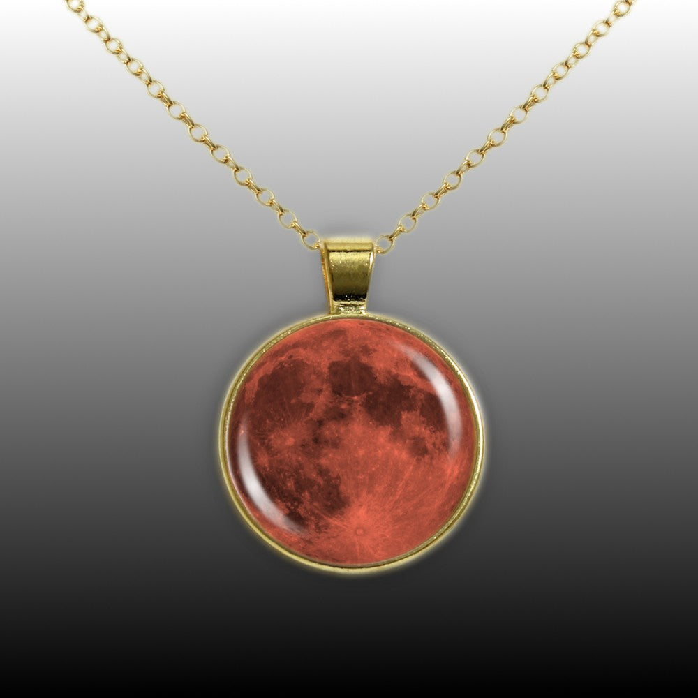 The Orange Harvest Moon of Earth Solar System 1" Pendant Necklace in Gold Tone