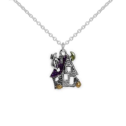 I Hear Rattling Chains in the Attic Halloween Haunted House w/ Ghost Pumpkins & Moon Petite Drop Pendant Necklace in Silver Tone