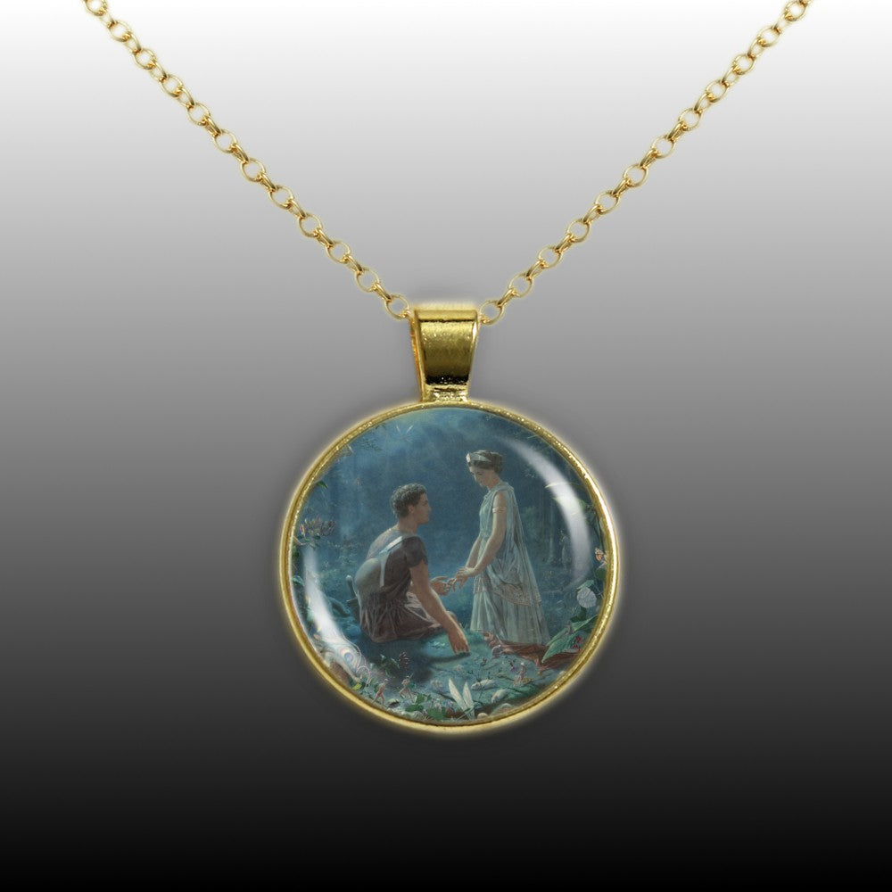 A Midsummer Night's Dream Hermia & Lysander Simmons Art Painting 1" Pendant Necklace in Gold Tone