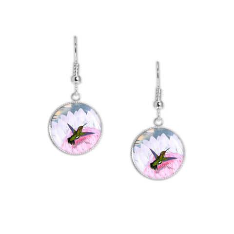 Hummingbird Flitting Above Pink & White Water Lily Flower Art Lithograph Dangle Earrings w/ 3/4" Charms in Silver Tone