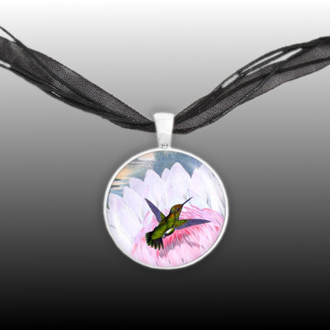 Hummingbird Flitting Above Water Lily Flower Art Lithograph 1" Pendant Necklace in Silver Tone