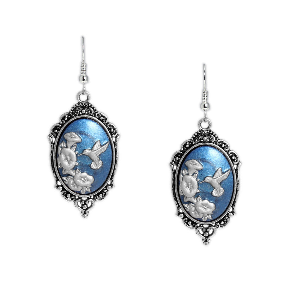 Persian Blue & Silver Color Hummingbird Petunia Flowers Cameo Vintage Style Dangle Earrings Silver Tone