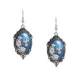 Persian Blue & Silver Color Hummingbird Petunia Flowers Cameo Vintage Style Dangle Earrings Silver Tone