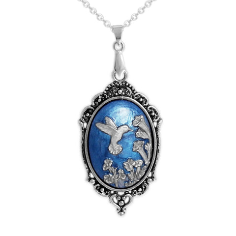 Persian Blue & Silver Color Hummingbird Trumpet Flowers Cameo Vintage Style Pendant Necklace Silver Tone