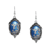 Persian Blue & Silver Color Hummingbird Trumpet Flowers Cameo Vintage Style Dangle Earrings Silver Tone