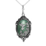 Pine Green & Silver Color Hummingbird Trumpet Flowers Cameo Vintage Style Pendant Necklace Silver Tone