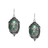 Moss Green & Silver Color Hummingbird Trumpet Flowers Cameo Vintage Style Dangle Earrings Silver Tone