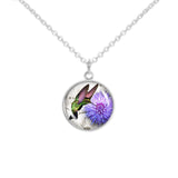 Flitting Hummingbird Sipping from Purple Mum 3/4" Charm for Petite Pendant or Bracelet in Silver Tone