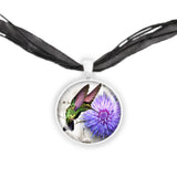 Flitting Hummingbird Sipping from Purple Mum Drawing 1" Pendant Necklace in Silver Tone