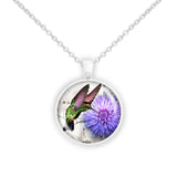 Flitting Hummingbird Sipping from Purple Mum Drawing 1" Pendant Necklace in Silver Tone