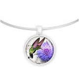 Flitting Hummingbird Sipping from Purple Mum Drawing 1" Pendant Necklace in Silver Tone