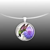 Flitting Hummingbird Sipping from Purple Mum Drawing 1" Pendant Necklace in Silver Tone
