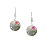 Brazilian Ruby Hummingbird Perched on a Pink Orchid Heade Painting Dangle Earrings w/ 3/4" Charms in Silver Tone