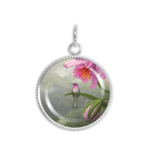Brazilian Ruby Hummingbird Perched on a Pink Orchid Art Painting 3/4" Charm for Petite Pendant or Bracelet in Silver Tone