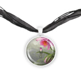 Brazilian Ruby Hummingbird Perched on a Pink Orchid Art Painting 1" Pendant Necklace in Silver Tone