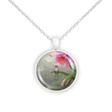 Brazilian Ruby Hummingbird Perched on a Pink Orchid Art Painting 1" Pendant Necklace in Silver Tone