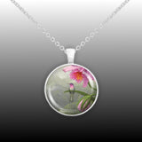 Brazilian Ruby Hummingbird Perched on a Pink Orchid Art Painting 1" Pendant Necklace in Silver Tone