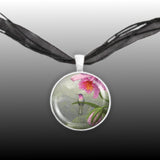 Brazilian Ruby Hummingbird Perched on a Pink Orchid Art Painting 1" Pendant Necklace in Silver Tone
