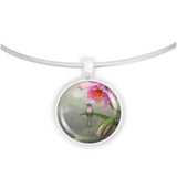 Brazilian Ruby Hummingbird Perched on a Pink Orchid Art Painting 1" Pendant Necklace in Silver Tone