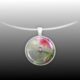 Brazilian Ruby Hummingbird Perched on a Pink Orchid Art Painting 1" Pendant Necklace in Silver Tone