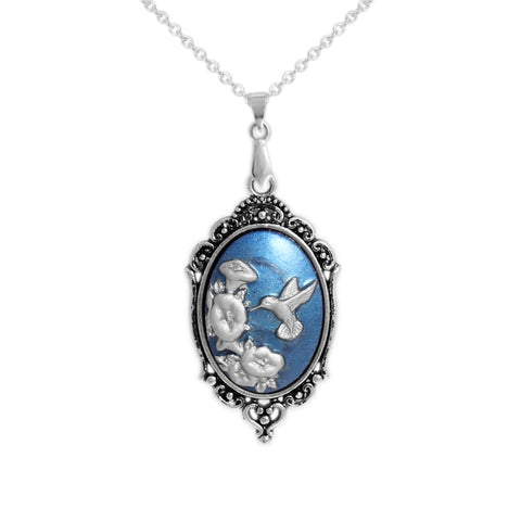 Persian Blue & Silver Color Hummingbird Petunia Flowers Cameo Vintage Style Pendant Necklace Silver Tone