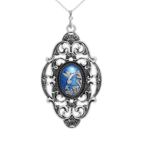 Empress Persian Blue & Silver Color Hummingbird Trumpet Flowers Cameo Vintage Style Large Pendant Necklace in Silver Tone