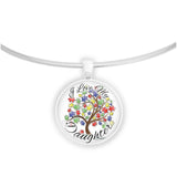 I Love My Daughter Puzzle Piece Tree Autism Awareness Folk Art Style 1" Pendant Necklace in Silver Tone