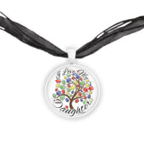 I Love My Daughter Puzzle Piece Tree Autism Awareness Folk Art Style 1" Pendant Necklace in Silver Tone
