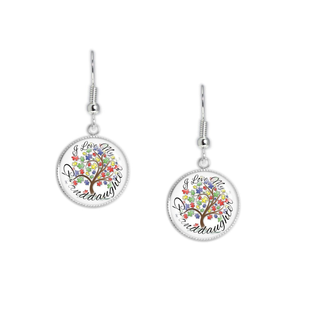 I Love My Granddaughter Puzzle Piece Tree Autism Awareness Folk Style Dangle Earrings w/ 3/4" Charms in Silver Tone or Gold Tone