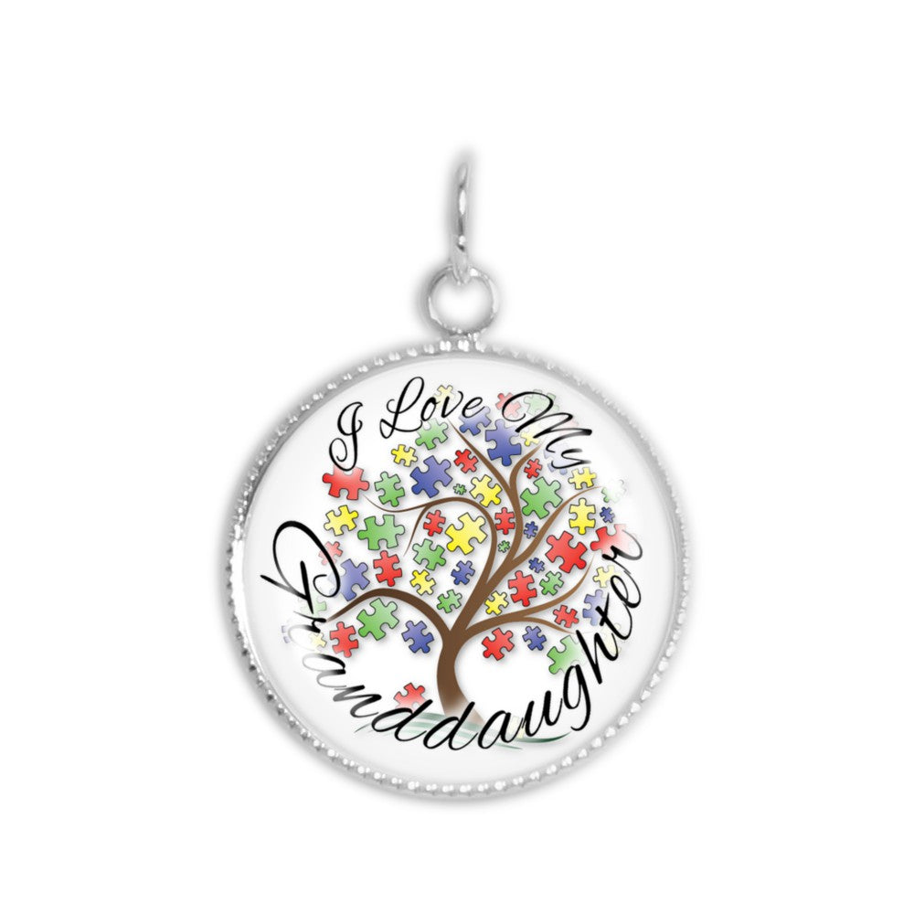 I Love My Granddaughter Puzzle Piece Tree Autism Awareness Folk Style 3/4" Charm for Petite Pendant or Bracelet in Silver Tone or Gold Tone