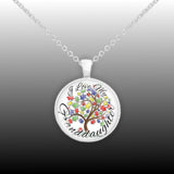 I Love My Granddaughter Puzzle Piece Tree Autism Awareness Folk Art Style 1" Pendant Necklace in Silver Tone