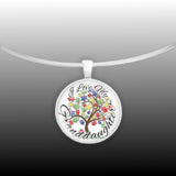 I Love My Granddaughter Puzzle Piece Tree Autism Awareness Folk Art Style 1" Pendant Necklace in Silver Tone