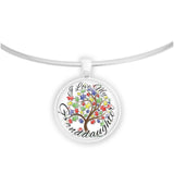 I Love My Granddaughter Puzzle Piece Tree Autism Awareness Folk Art Style 1" Pendant Necklace in Silver Tone