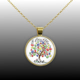 I Love My Son Puzzle Piece Tree Autism Awareness Folk Art Style 1" Pendant Necklace in Gold Tone