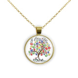 I Love My Son Puzzle Piece Tree Autism Awareness Folk Art Style 1" Pendant Necklace in Gold Tone
