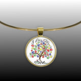 I Love My Son Puzzle Piece Tree Autism Awareness Folk Art Style 1" Pendant Necklace in Gold Tone