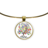 I Love My Son Puzzle Piece Tree Autism Awareness Folk Art Style 1" Pendant Necklace in Gold Tone