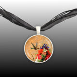 Hummingbird w/ Colorful Flowers Art Painting Pendant Necklace in Silver Tone