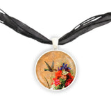 Hummingbird w/ Colorful Flowers Art Painting Pendant Necklace in Silver Tone