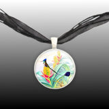 Green, White & Bronze Marvellous Spatuletail Hummingbird w/ Flowers Art Lithograph Pendant Necklace in Silver Tone