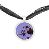 Amethyst Woodstar Hummingbirds Art Painting Pendant Necklace in Silver Tone