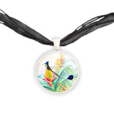 Green, White & Bronze Marvellous Spatuletail Hummingbird w/ Flowers Art Lithograph Pendant Necklace in Silver Tone