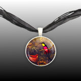 Nesting Crimson Topaz Hummingbirds Art Painting Pendant Necklace in Silver Tone