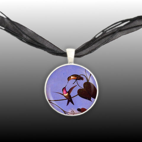 Amethyst Woodstar Hummingbirds Art Painting 1" Pendant Necklace in Silver Tone