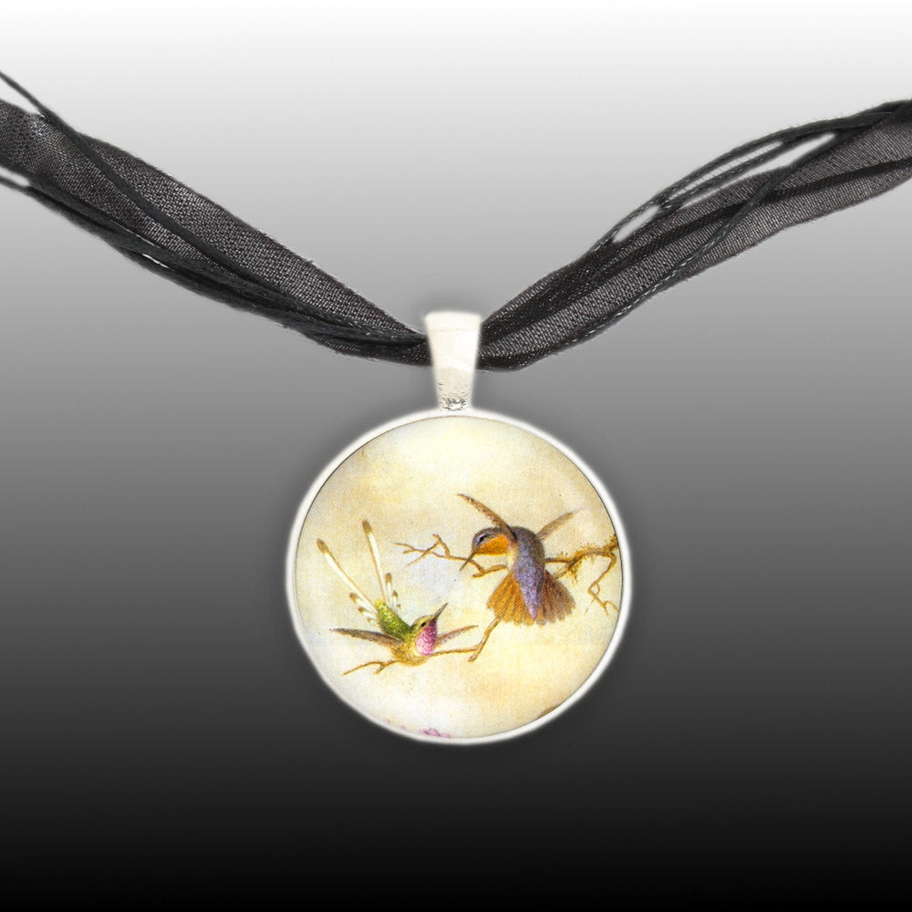 Brazilian Ruby Hummingbirds Displaying Plumage Art Painting Pendant Necklace in Silver Tone